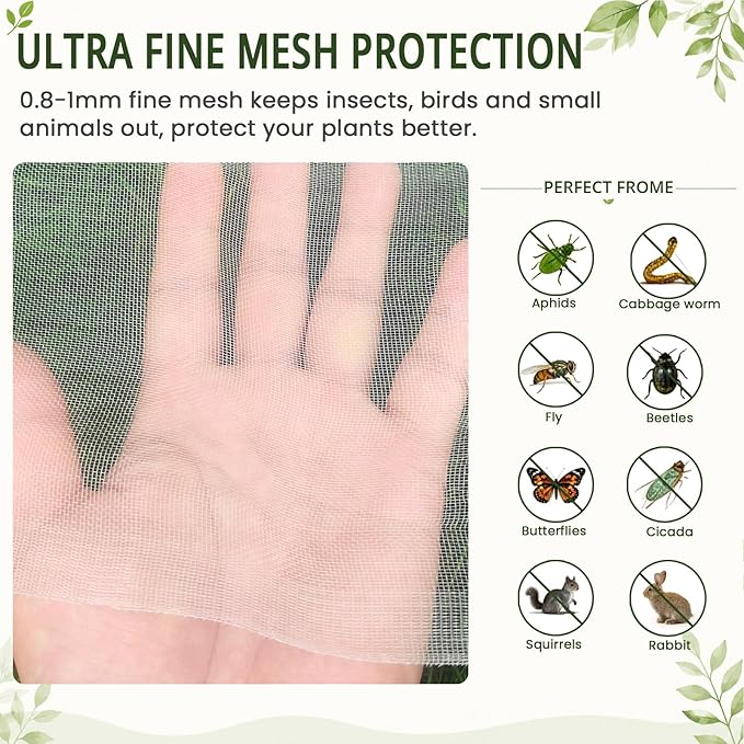 6.5x12Ft Garden Netting, Fine Mesh Insect Netting for Plant Protection, Mosquito Bug Bird Barrier Mesh Cover for Vegetables Fruits Flowers Raised Beds