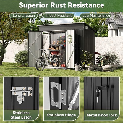 7.5'x4' Outdoor Shed with 3-Lockable Door Black | Heavy-Duty Galvanized Metal Garden Storage for Bikes, Tools, Garden, Patio