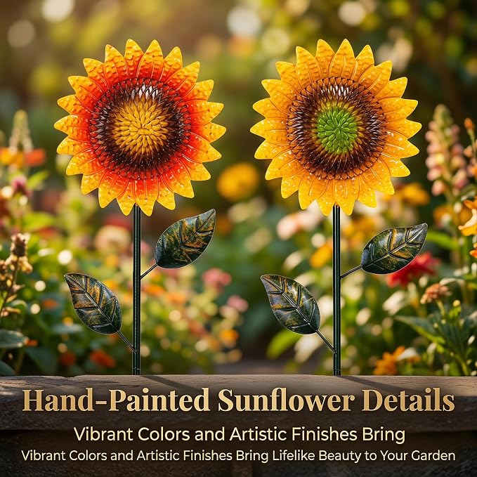 Topadorn Garden Decor for Outside, 2 Pack 39" Metal Sunflower Garden Stakes, Outdoor Yard Art Flower Stakes for Lawn, Patio & Flower Beds