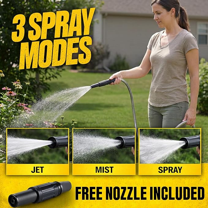 BIONIC STEEL 25 Ft Metal Garden Hose with Sprayer Nozzle | Non Kinking Design, Stainless Steel Heavy Duty Water Hose 25Ft x 5/8 in. Flexible & NON Expandable for Water Flow, 500 PSI