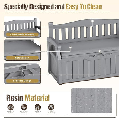 80-Gallon Outdoor Storage Bench with Cushion, Lockable Waterproof Deck Box with Armrests for Patio, Garden, Pool, Gray