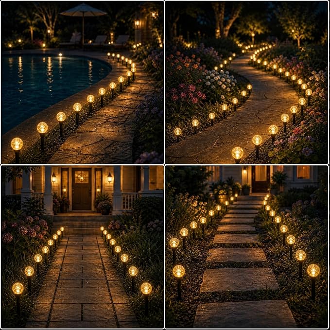SyouHome Solar Garden Lights Outdoor, 60 LEDs 43FT Solar Pathway Lights | 2 Pack/8 Lighting Modes/Waterproof Garden Decor for Yard Patio Walkway Driveway Pathway (Warm White)