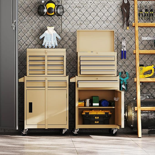 Goplus Tool Chest, 5 Drawers Rolling Tool Cabinet with Detachable Top Toolbox, Universal Lockable Wheels, Lock Bar, Protective Liner & Tool Rack, Metal Tool Storage Cart, Tool Box for Garage Workshop