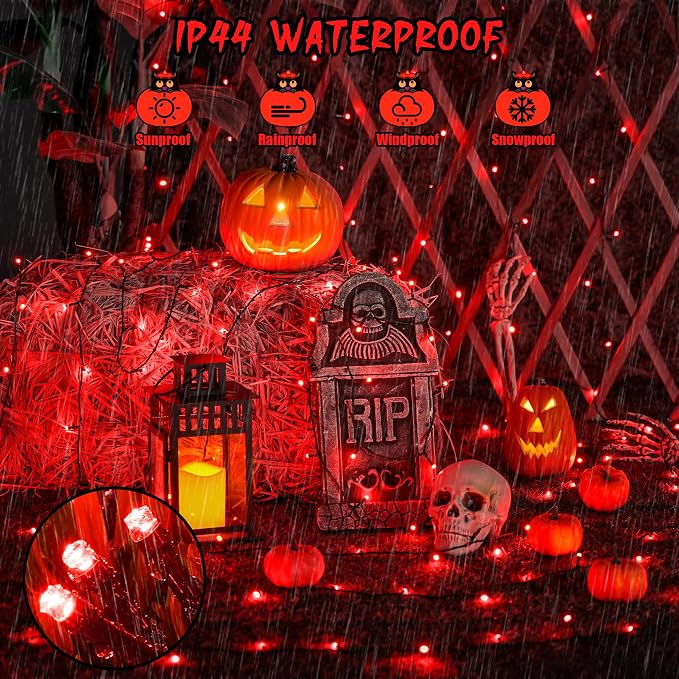 JMEXSUSS 2 Pack Solar Halloween Lights Outdoor, Total 400 LED 151FT, Red | Outdoor Waterproof, 8 Modes Solar Christmas String Lights for Outside Patio Yard Garden Tree Christmas Halloween Decorations