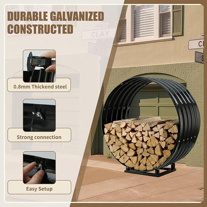 Round Heavy Duty Firewood Rack – Galvanized Wave-Shaped Steel with 4 Sturdy Legs – 0.8mm Thick Black Coated – Indoor or Outdoor Wood Holder for Fireplace,Patio & Deck Fire Pit (2.7FT Diameter+Base)