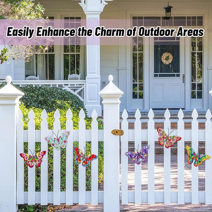 YOADEHOA 6Pcs Metal Butterfly Wall Decor, 3D Colorful Outdoor Fence Wall Art Decor, Hanging Wall Art Decoration for Garden Yard Living Room Bedroom Patio Balcon(Butterfly A)
