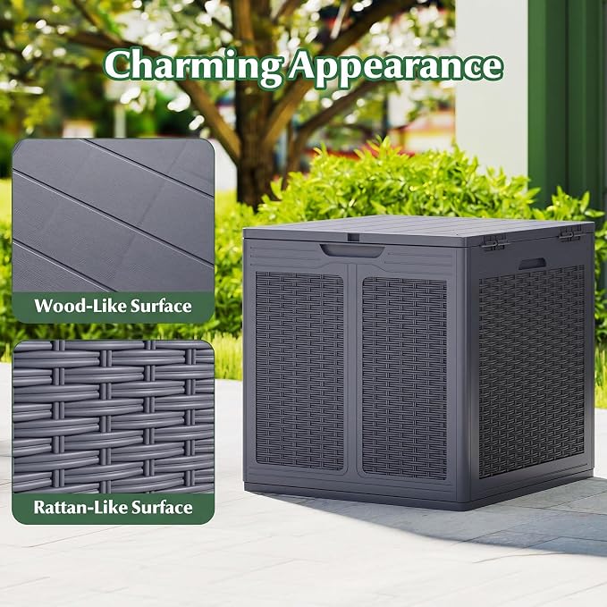 Tangkula 39 Gallon Outdoor Storage Box, Waterproof PP Resin Patio Storage Box with Lockable Lid for Indoor & Outdoor Use, Rattan Design Deck Box for Cushions, Garden Tools