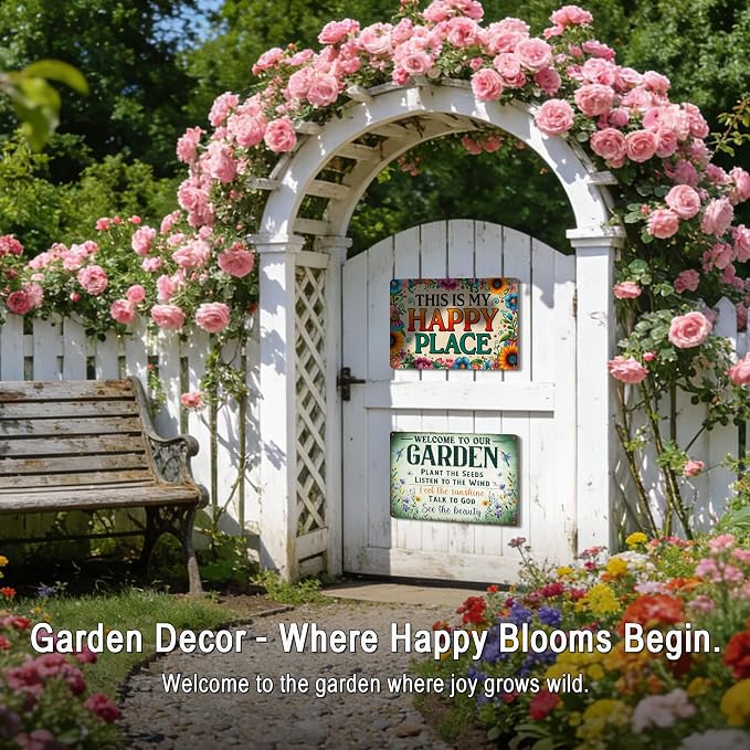 Funny Garden Wall Art Decor This Is My Happy Place Tin Sign | Gardening Gifts for Women Plant Lovers Garden Patio She Shed Fence Decor Metal Welcome Sign 12x8 Inch Weather-proof Aluminum