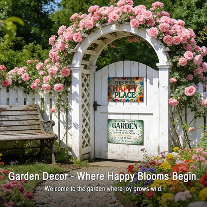 Funny Garden Wall Art Decor This Is My Happy Place Tin Sign | Gardening Gifts for Women Plant Lovers Garden Patio She Shed Fence Decor Metal Welcome Sign 12x8 Inch Weather-proof Aluminum