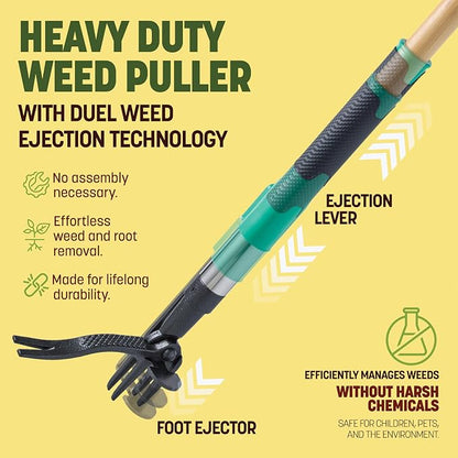 Papa's Tools Weed Puller Tool, 44" Stand Up Weeder Garden Tools & 4 Claw Steel Head, Dual Weed Eject Tech. Made with Real Bamboo & Long Wooden Handle, Yard Weeding Remover for Gardening Men & Women