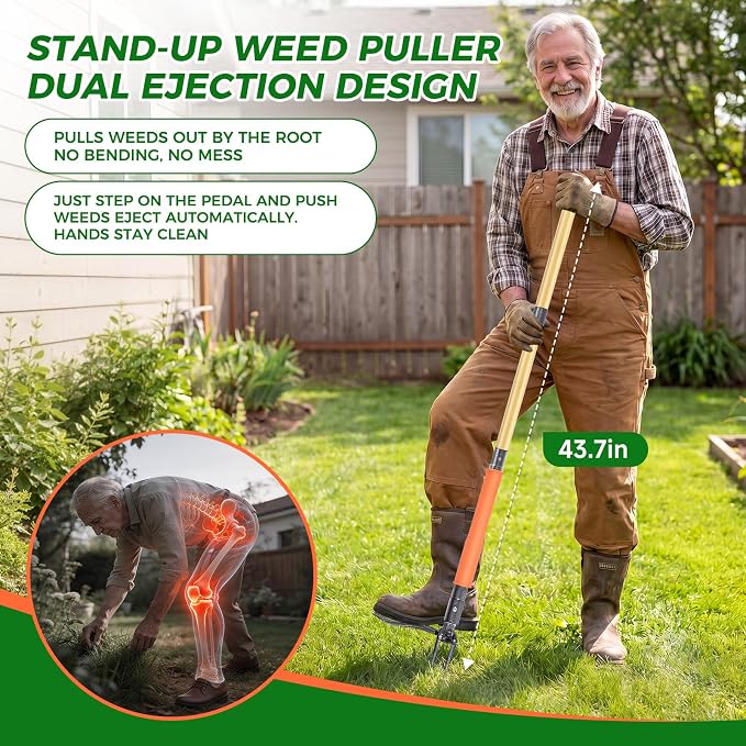 Stand Up Weed Puller Tool, 4-Claw Steel Head Deep Root Extractor with Dual-Eject Design, Real Bamboo Long Handle & Metal Anti-Slip Pedal, No Bending Dandelion Remover for Garden Lawn Yard