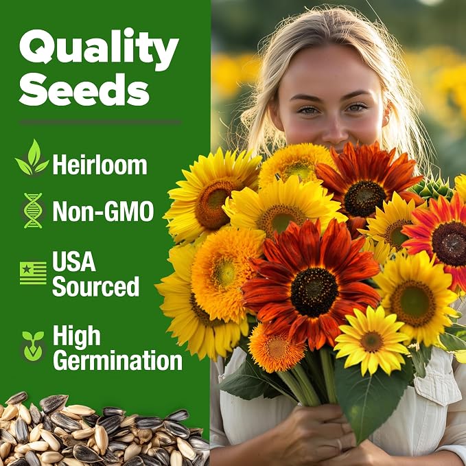 HOME GROWN Sunflower Seeds Mix Pack 1,500+ 9 Colorful Varieties of Sun Flower Seeds to Plant - 2-10ft Tall Plants, Pollinator Friendly, Easy to Grow, High Germination