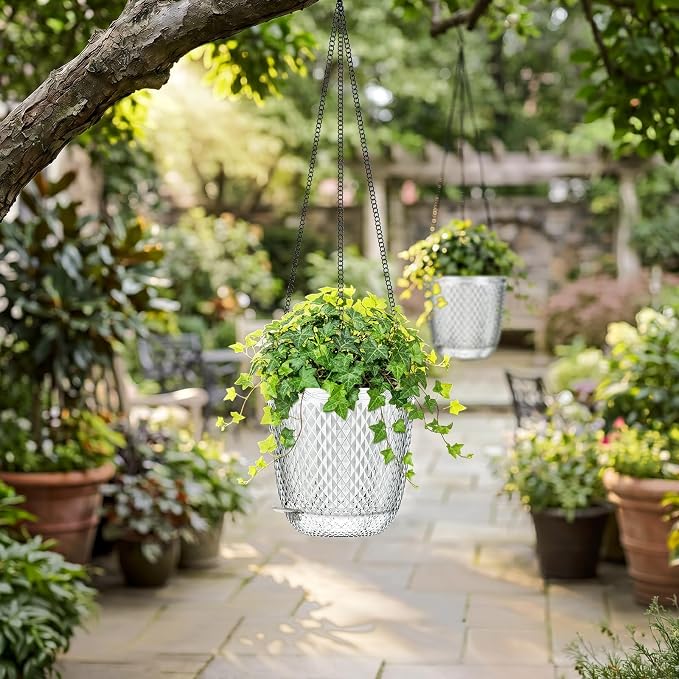 QCQHDU 5.7 Inch 2 Pack Small Hanging Planters for Indoor Outdoor Plants,Self Watering Flower Pots Hanging Basket Plant Hanger with Drainage Holes and 3 Hooks for Window Porch Garden Balcony, (White)