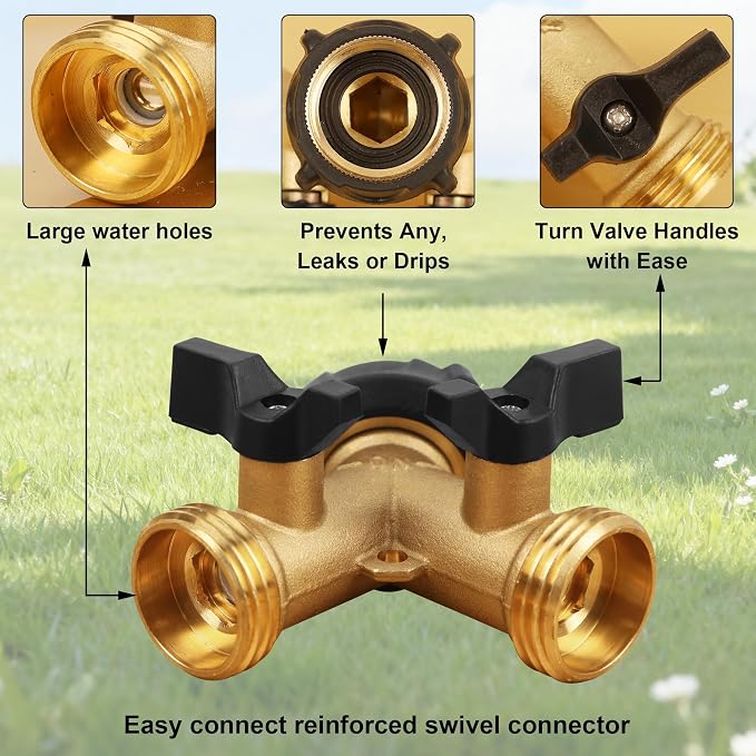 Biswing Garden Hose Splitter 2 Way, Heavy Duty Brass Connector Tap Splitter, Y Splitter 2 Valves with 2 Extra Rubber Washers