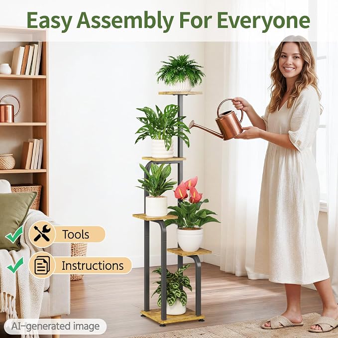 LASZOLA 5 Tiered Plant Stand Tall for Indoor Corner, Modern Multiple Flower Display Rack with Wooden Tray, Vertical Planter Shelf for Living Room Bedroom Patio Garden Balcony, Black Brown