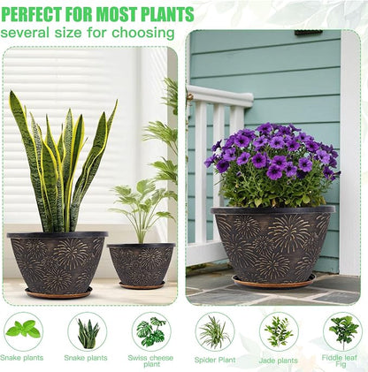 Nooulap 4 Pack 10 Inch Flower Pots with Drainage Holes and Saucers, Plant Pots for Indoor Outdoor Plants,Antique Gold Firework Embossed Plastic Planters for Balcony Patio Porch Garden Decor