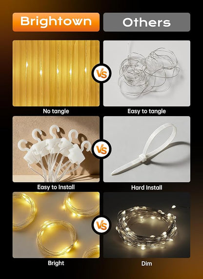 Brightown 180 LED Shower Curtain Lights, 70 Inch Warm White IP65 Waterproof Fairy Lights Battery Operated String Lights, 8 Modes Waterproof Christmas Lights for Indoor Outdoor Decor(No Curtain)