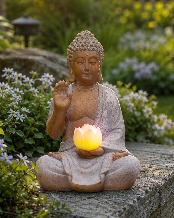 Nacome Solar Buddha Garden Statue Decor: Sitting Resin Figurine with Lotus Flower Light Zen Sculpture for Patio Lawn Yard Porch Balcony Meditation Space - 10.6 inches(White)