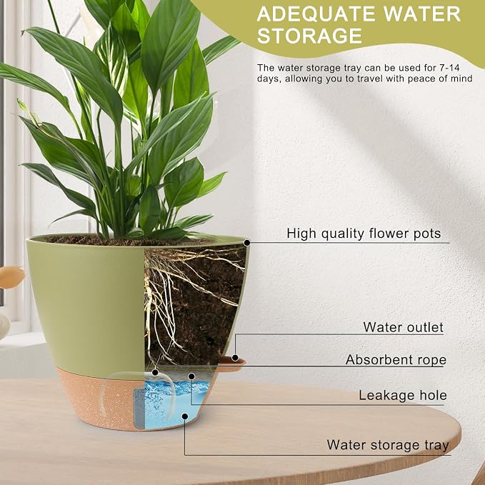 Self Watering Pots for Indoor Plants, 3 Pack 12/10/8 Inch, Large Planter with Water Reservoir, Modern Decorative Flower Pots for Home & OfficeGreen