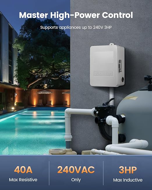 SURAIELEC Digital Pool Timer, 40 AMP 240V 3HP, 7-Day Pool Pump Timer Switch, Programmable Box for Swimming Pump, Hot Water Heater, Lights, Simultaneously Controls Up to 3HP Devices, Outdoor/Indoor Use