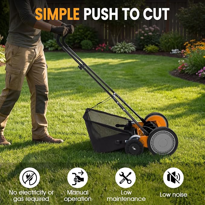 Goplus 18 Inch Push Reel Lawn Mower, 5-Blade Manganese Steel Manual Grass Cutter, 4-Position Adjustable Height, Removable Grass Catcher, Quiet No-Motor Walk-Behind Mower for Yard, Lightweight