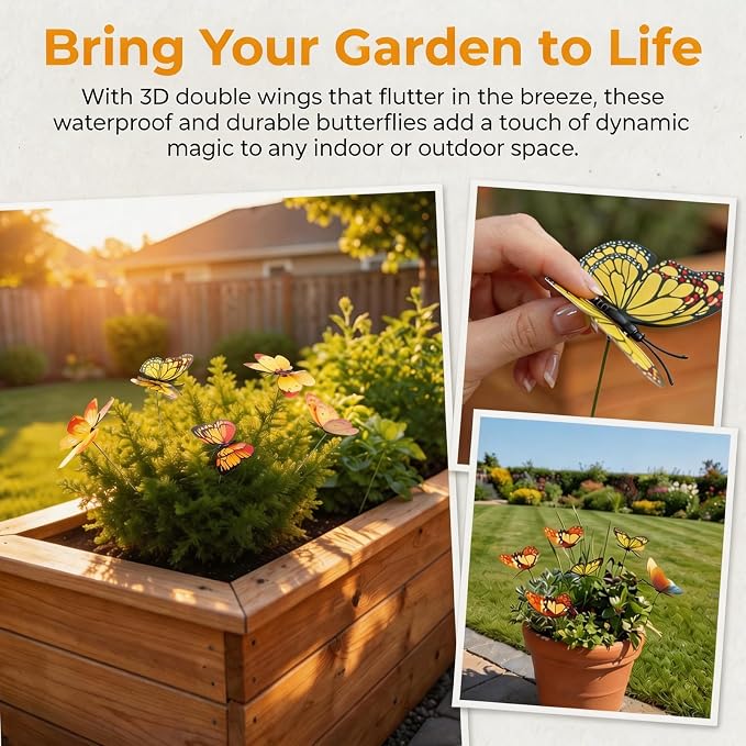 30PCS Yellow Butterfly Decor Fake Butterfly Stakes for Spring Garden Decor | 3D Waterproof Double Layer Butterfly Garden Stakes Artificial Butterflies for Flower Arrangements Outdoor Indoor Spring Decor