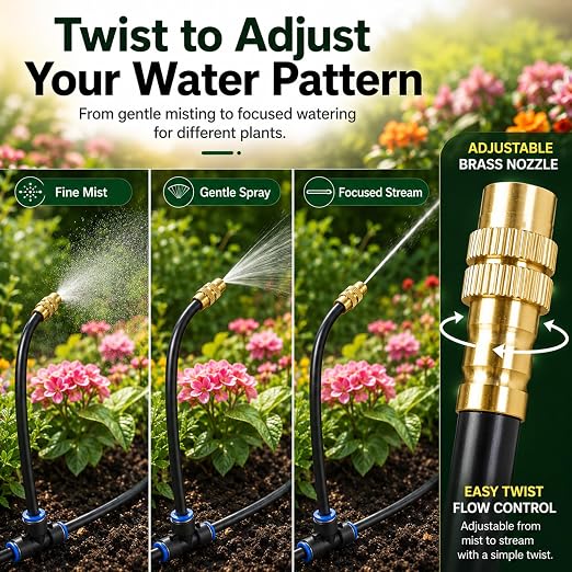 5/16" Drip Irrigation System 65 ft with 16-Pcs 360° Adjustable Copper Nozzles, Automatic Misting Watering System for Garden, Raised Beds, Greenhouse (65ft+16 nozzles)
