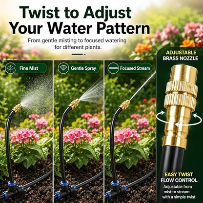 5/16" Drip Irrigation System 65 ft with 16-Pcs 360° Adjustable Copper Nozzles, Automatic Misting Watering System for Garden, Raised Beds, Greenhouse (65ft+16 nozzles)