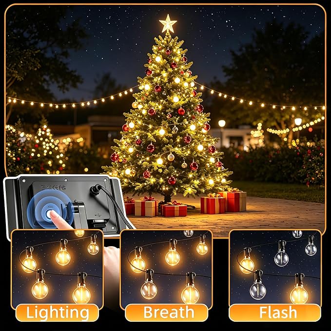 100FT Solar String Lights Outdoor Waterproof, G40 Patio Lights Shatterproof Bulbs with Remote Control, Dimmable Timer 3 Lighting Modes for Porch, Yard, Backyard, Garden, Camping Decor