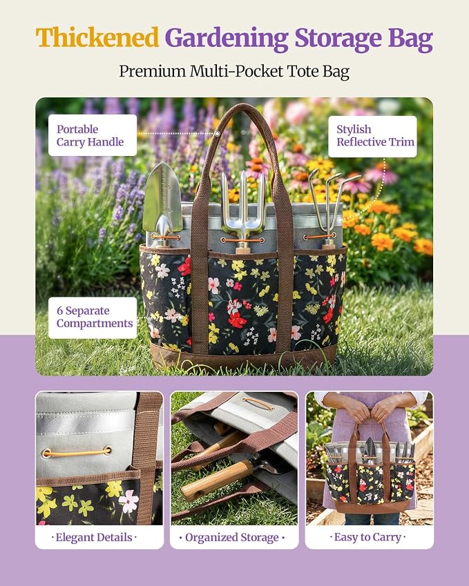 10-Piece Garden Tool Set, Heavy-Duty Stainless Steel Rust-Proof Gardening Tools with Ergonomic Wood Handles, Reinforced Organizer Handbag for Planting, Gardening Gift Set for Women, Mother