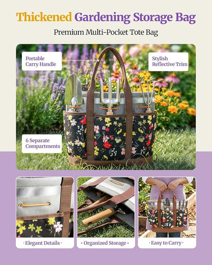 10-Piece Garden Tool Set, Heavy-Duty Stainless Steel Rust-Proof Gardening Tools with Ergonomic Wood Handles, Reinforced Organizer Handbag for Planting, Gardening Gift Set for Women, Mother