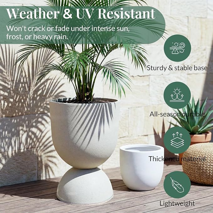 KOL Planters Flower Pots, Large Plastic Urn Planters for Indoor Outdoor Plants, Beige Pedestal Planter 2 Pack, 18 Inch+23 Inch, Decorative Planters with Drainage Holes & Plugs for Porch Garden