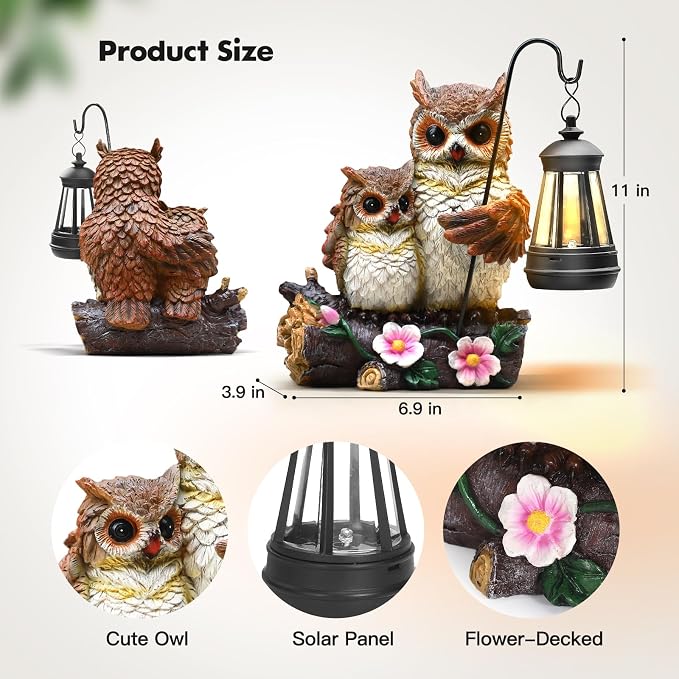 Garden Owls Statue with Solar LED Lantern, Wisdom Statue Gift for dad Yard Art, Whimsical Figurine Sculpture Lighted Outdoor father's Day, Spring Decorations for Lawn, Porch,2026 Gradulation Gift