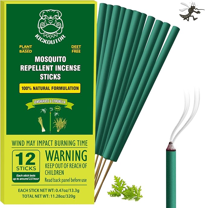KICKOUTOR Mosquito Incense Sticks with Natural Citronella Oil, 12 Count DEET-Free Outdoor Mosquito Repellent for Patio, Backyard Gatherings & Camping, Up to 2.5-Hour Against Gnats & No-See-Ums