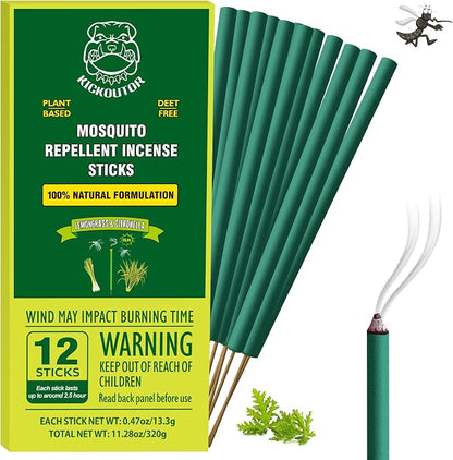 KICKOUTOR Mosquito Incense Sticks with Natural Citronella Oil, 12 Count DEET-Free Outdoor Mosquito Repellent for Patio, Backyard Gatherings & Camping, Up to 2.5-Hour Against Gnats & No-See-Ums