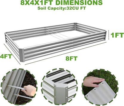 8x4x1ft (2 Pack) Raised Garden Bed Kit, Galvanized Planter Box Outdoor, Metal Raised Garden Beds for Flower,Vegetables, Herb,Silver