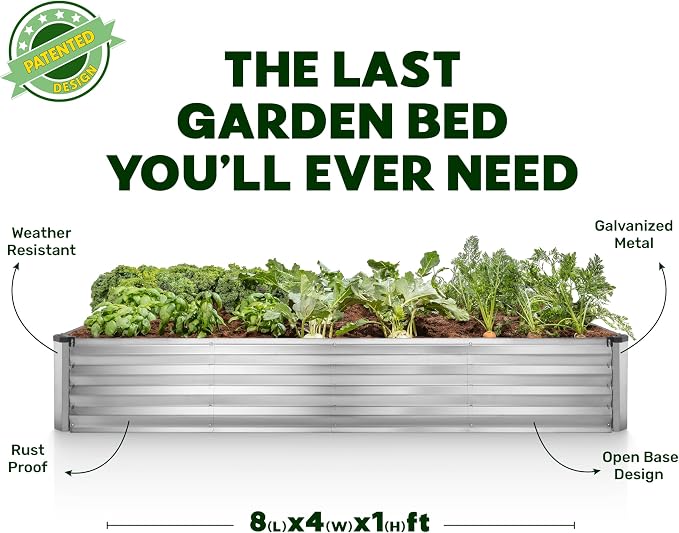 Plant & Plot Galvanized Raised Garden Beds Outdoor // 8×4×1 ft Planter Raised Beds for Gardening, Vegetables, Flowers (Silver) // Large Metal Garden Box // Patented Tool-Free Design