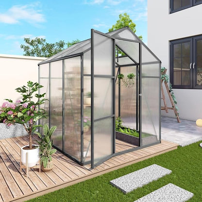 6x6 FT Greenhouse, Walk-in Heavy Duty Polycarbonate Outdoor Greenhouses with Raised Base & Anchor, Height-Enhanced Aluminum Frame, & Drainage System for Backyard All Season Growing, Black