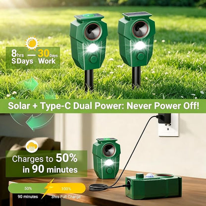 4 Pack Solar Powered Animal Repellent Outdoor, Deer Repellent Devices Ultrasonic Motion Activated, Cat & Raccoon Repellent for Yard Garden Lawn, IP65 Waterproof Pest Repellent with LED Light