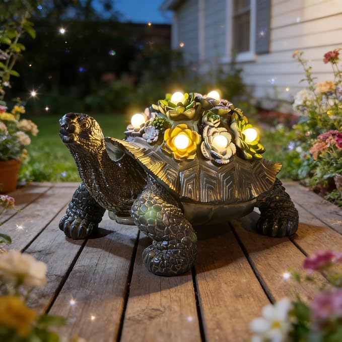 Solar Powered Succulent Turtle Statue, Resin Garden Decor with LED Lights, Waterproof Outdoor Ornament for Patio, Yard, Lawn, Porch, Unique Housewarming Gifts