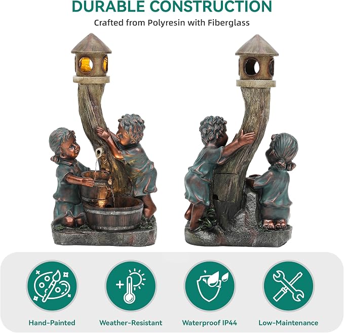 AUTODAYA 31" Boy and Girl Outdoor Fountain LED 3-Tier Cascading Waterfall | hand-painted bronze, nostalgic barrel and children design, patio yard Porch Garden