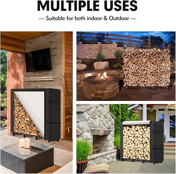 nalone 4FT Outdoor Firewood Rack with Cover, Heavy Duty Square Strong Stand Rack with Waterproof Cover for Fireplace Fire Pits Wood Pile Storage Holder Lumber Rack