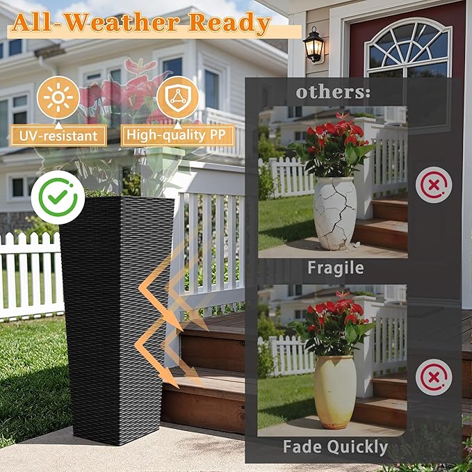 Greesum 32 Inch Tall Plastic Planters (Set of 2), Extra Large Outdoor Flower Pots with Detachable Inner Pot & Drainage Holes for Large Plants, Trees, Patio, and Garden, Black