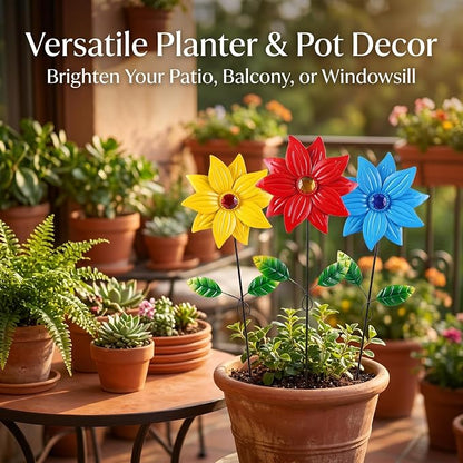 3-Pack Metal Flower Garden Stakes, 16 Inch Weatherproof Floral Yard Art, Vibrant Yellow Red Blue Outdoor Decor for Patio, Lawn & Planter