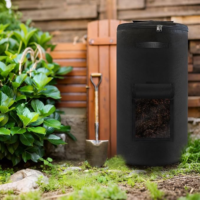 Compost Bin Outdoor with Handles Observation Windows, 34 Gallon | Black Reusable foldable compost bucket compost bag for home garden yard waste, thickened breathable felt material