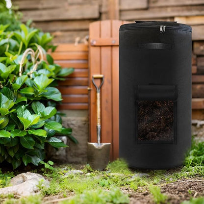 Compost Bin Outdoor with Handles Observation Windows, 34 Gallon | Black Reusable foldable compost bucket compost bag for home garden yard waste, thickened breathable felt material