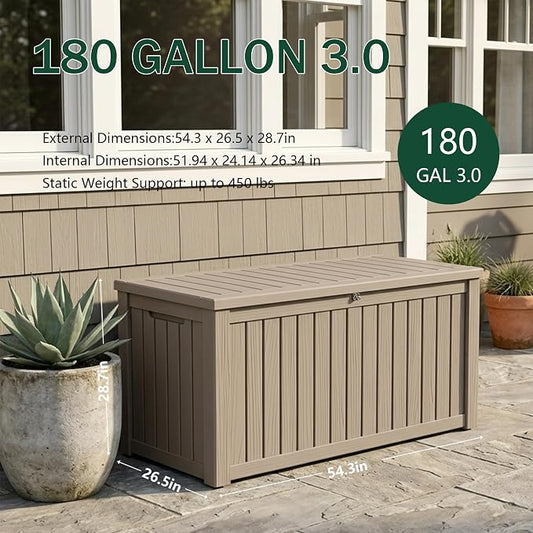 Outdoor Storage Box, 180 Gallon Waterproof Deck Box [Upgraded 3.0], Piston-Lift Tall Standing Cabinet for Oversized Cushions, Lockable Deep Tool Organizer Storage Bench, Large Lawn, Grey