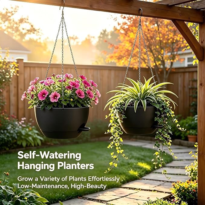 12 Inch Self Watering Hanging Planters 2 Pack, Black. | Plastic planters with drainage holes and saucers. Suitable for indoor, outdoor, kitchen, balcony and garden plant decor.