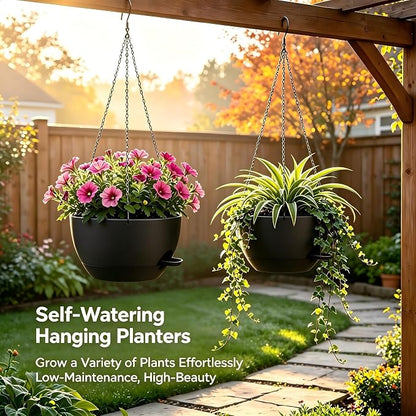 12 Inch Self Watering Hanging Planters 2 Pack, Black. | Plastic planters with drainage holes and saucers. Suitable for indoor, outdoor, kitchen, balcony and garden plant decor.