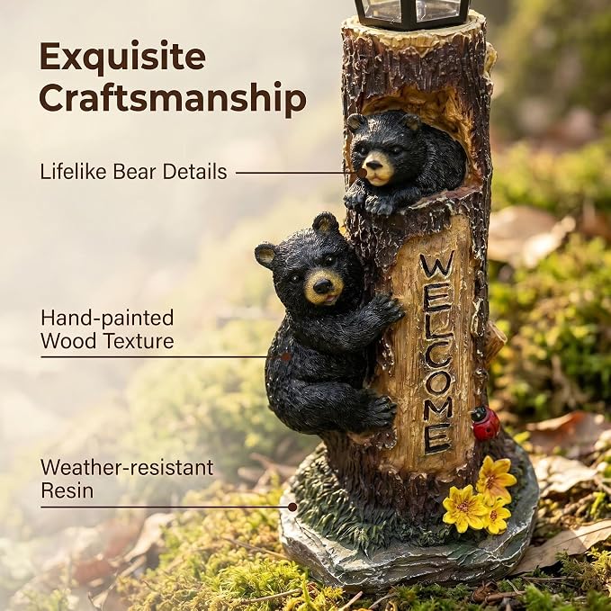 Brown Bear Statue for Garden with Solar Lights, 19 Inch Resin Bear Cubs Welcome Sign Outdoor Decor, Solar Powered Auto On/Off LED, Weather Resistant Yard Lawn Patio Cabin Figurine